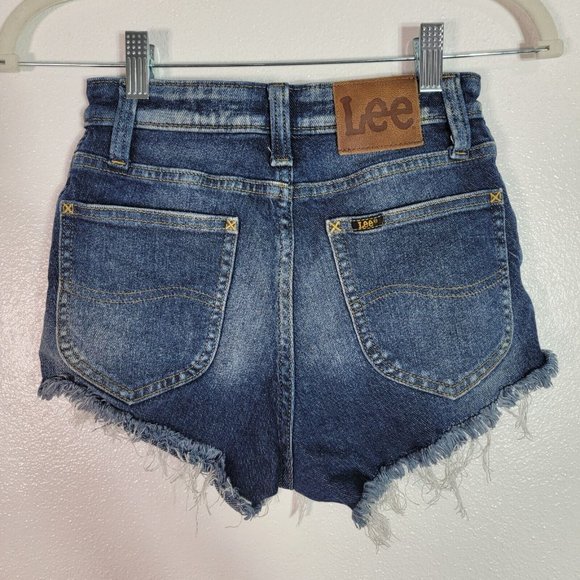 Lee High Rise Cut Off Shorts  24 Lightly Distressed Dark Wash Pockets Stretch - Picture 3 of 6